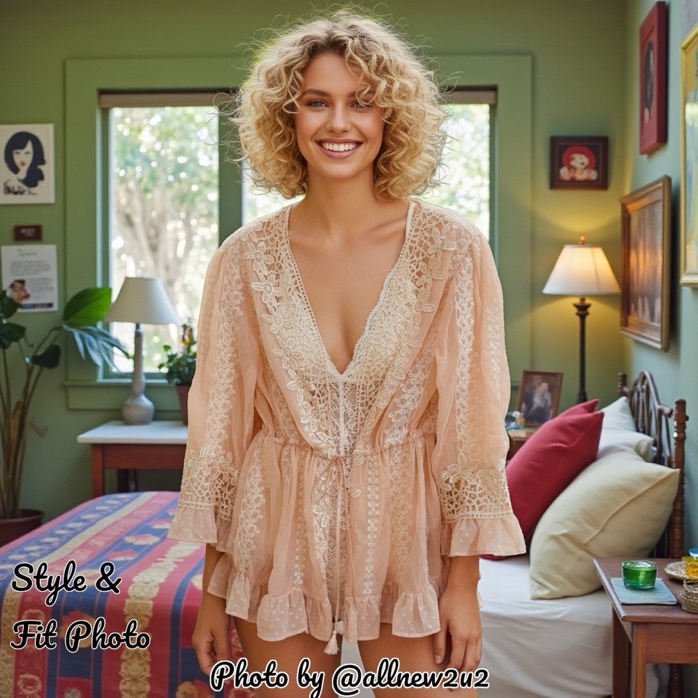 POL Blush Lace Kimono Cardigan with Lace Inserts and Ruffles Fits Small-